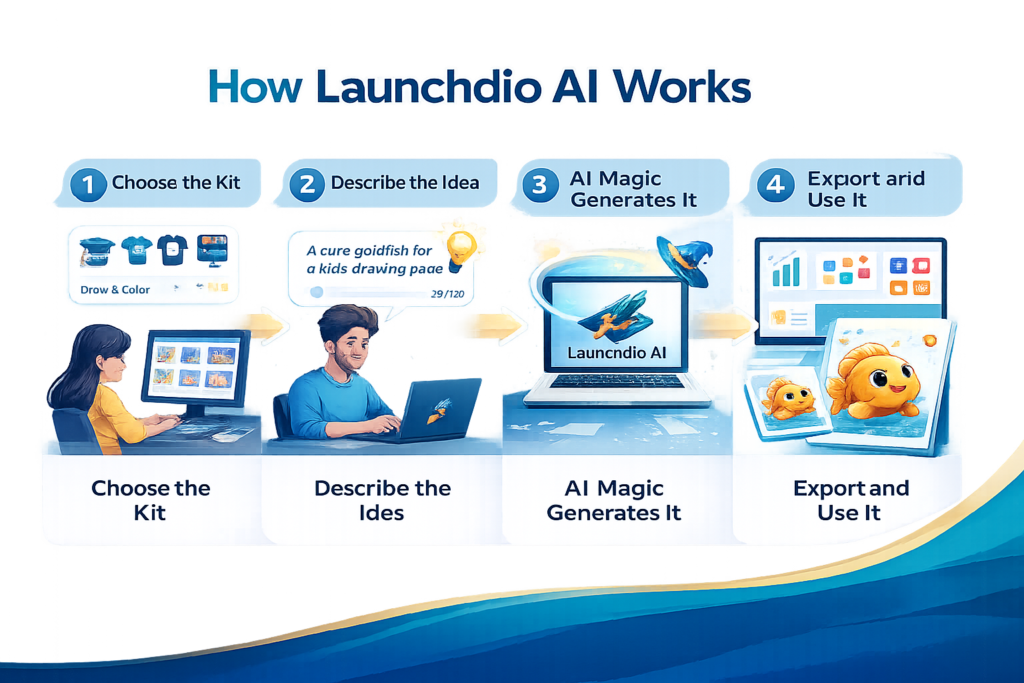 Illustration showing how Launchdio AI works from idea to finished product