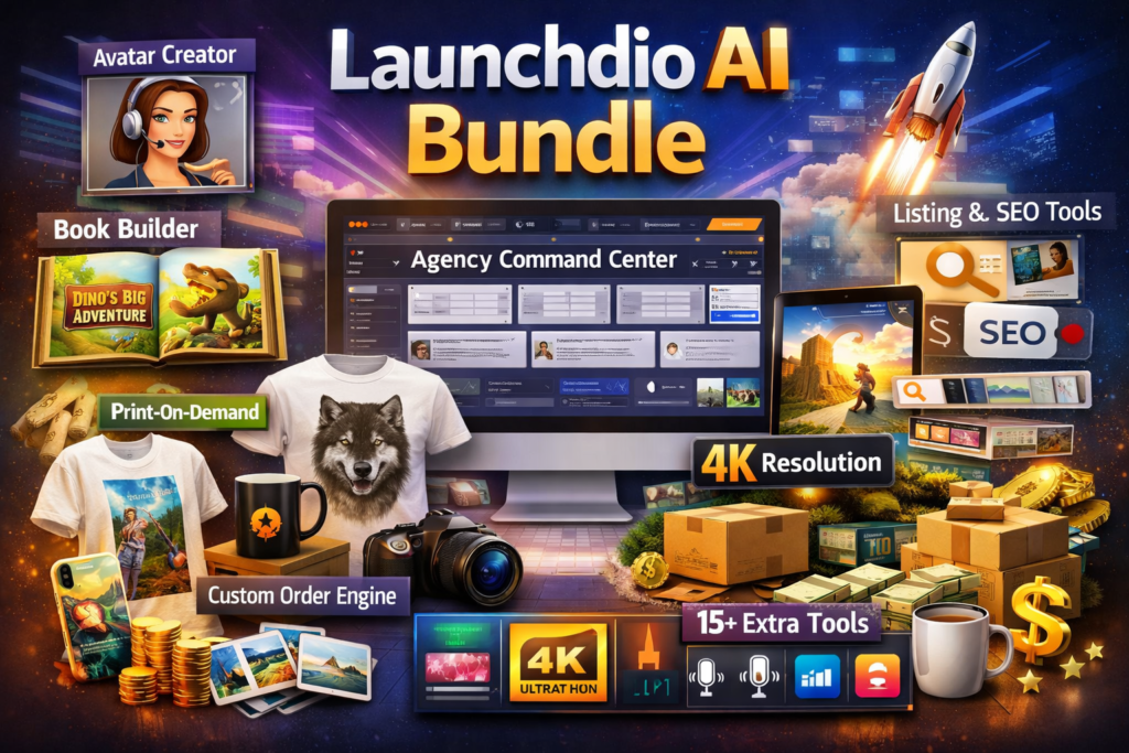 Launchdio AI Bundle image showing Pro Bundle features, extra tools, print-on-demand, SEO tools, and agency workflow capabilities