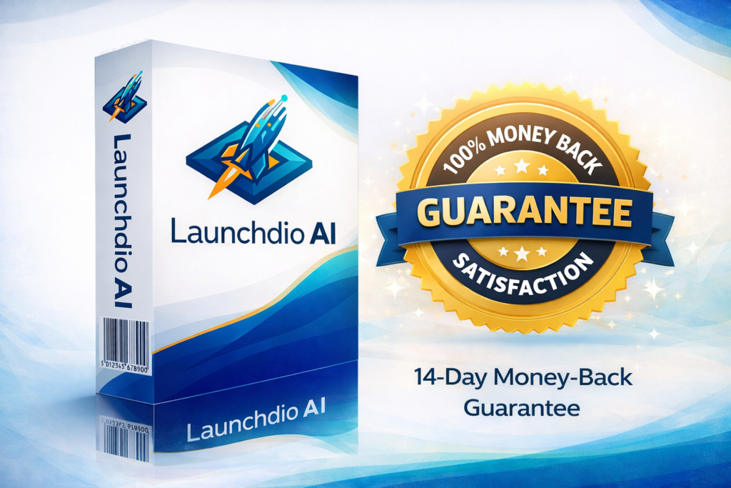 Launchdio AI product box image with 14-day money-back guarantee badge
